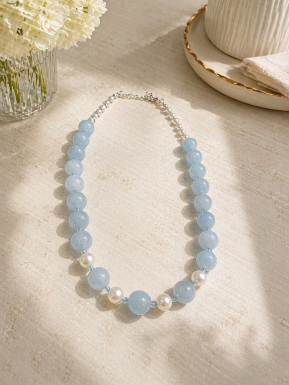Aquamarine, Freshwater Pearls & Swarovski Crystal Necklace